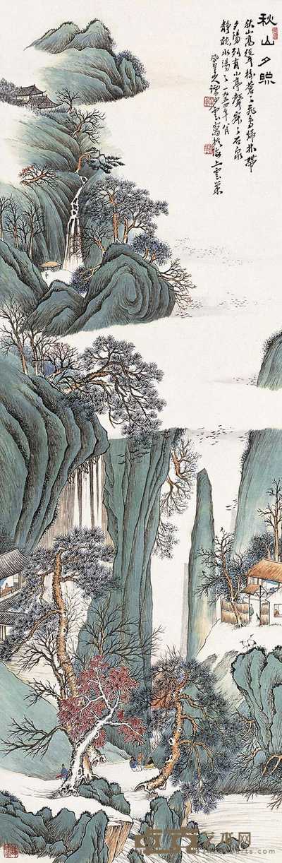 谭少云 1954年作 秋山夕照图 立轴 101×33.5cm